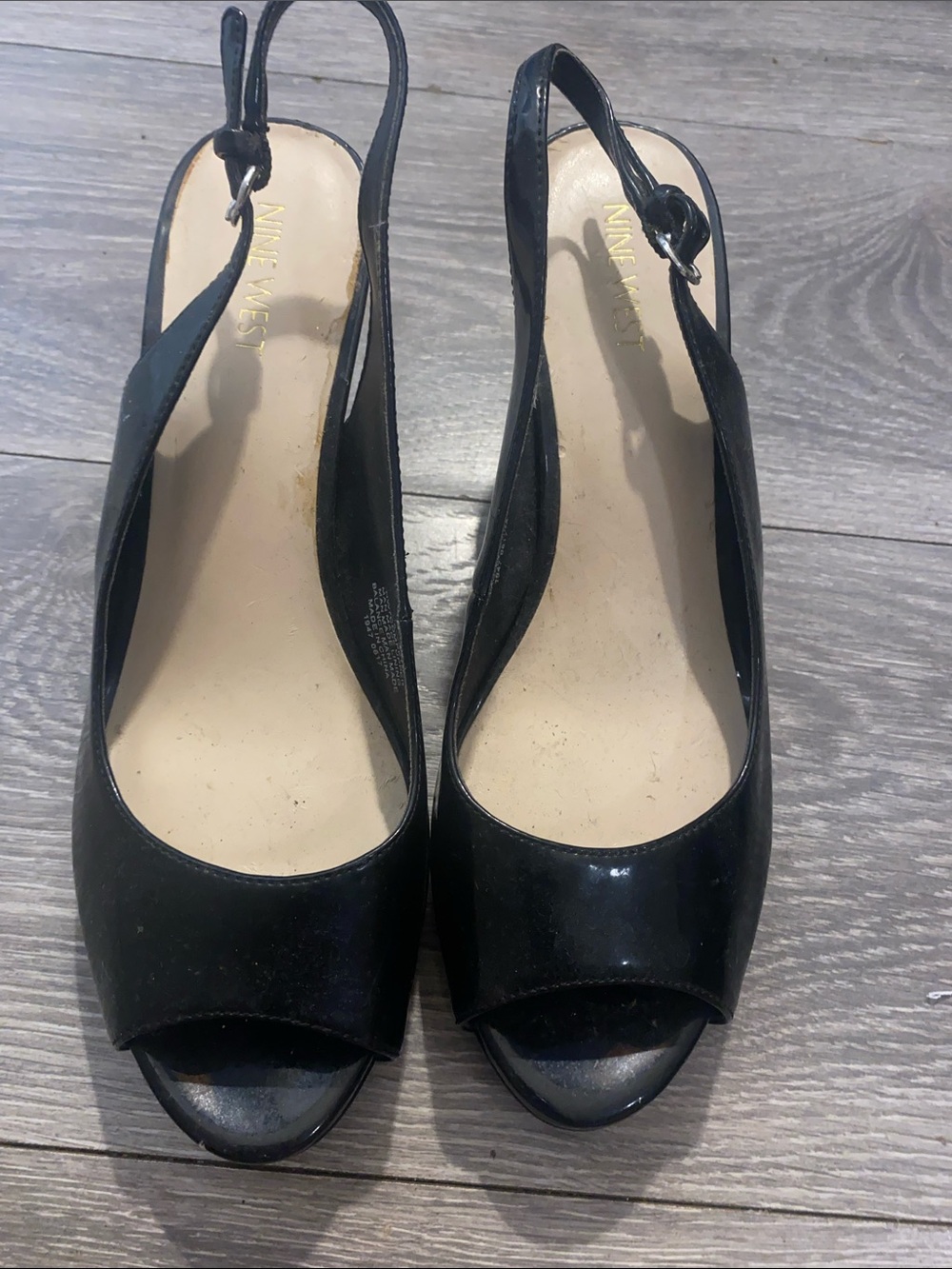 Nine West Black Patent Peep Toe Slingback Heels